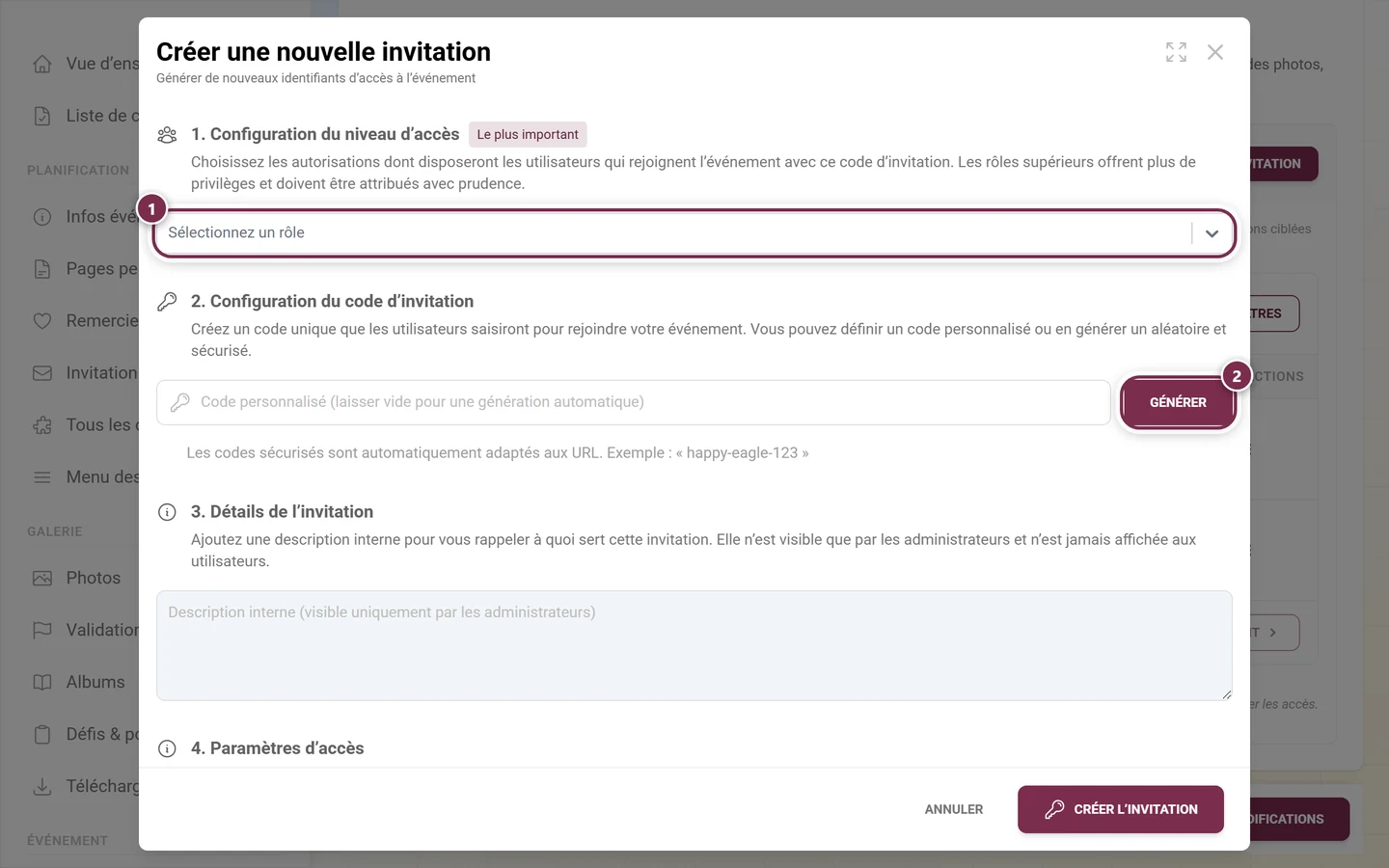 Dialogue de création avec le champ de sélection du rôle et le bouton Générer