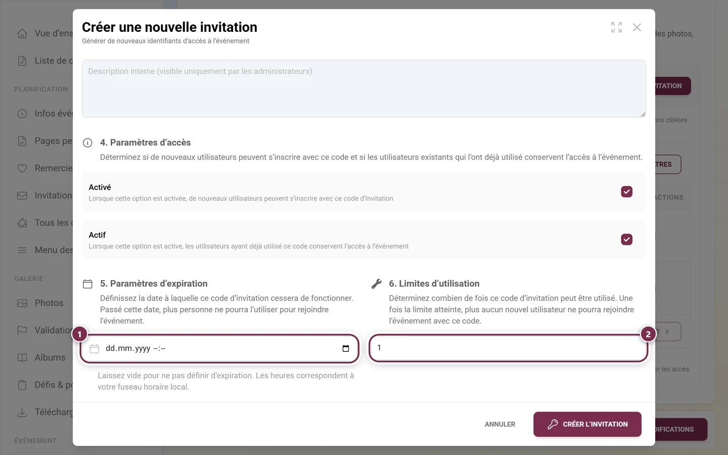 Sections 5 et 6 du dialogue côte à côte : date d'expiration vide, limite d'utilisation à 1