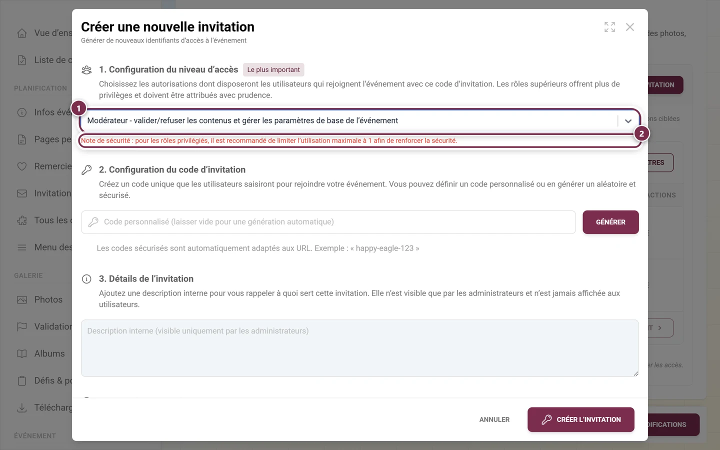 Dialogue de création avec le rôle Modérateur sélectionné et la note de sécurité rouge en dessous