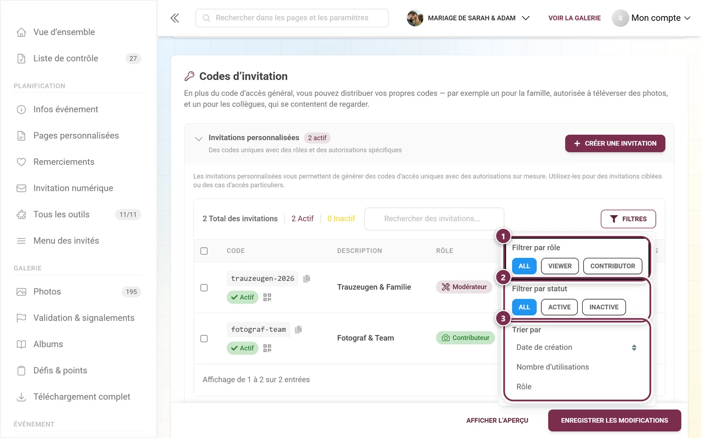 Menu de filtre ouvert avec les blocs Filtrer par rôle, Filtrer par statut et Trier par