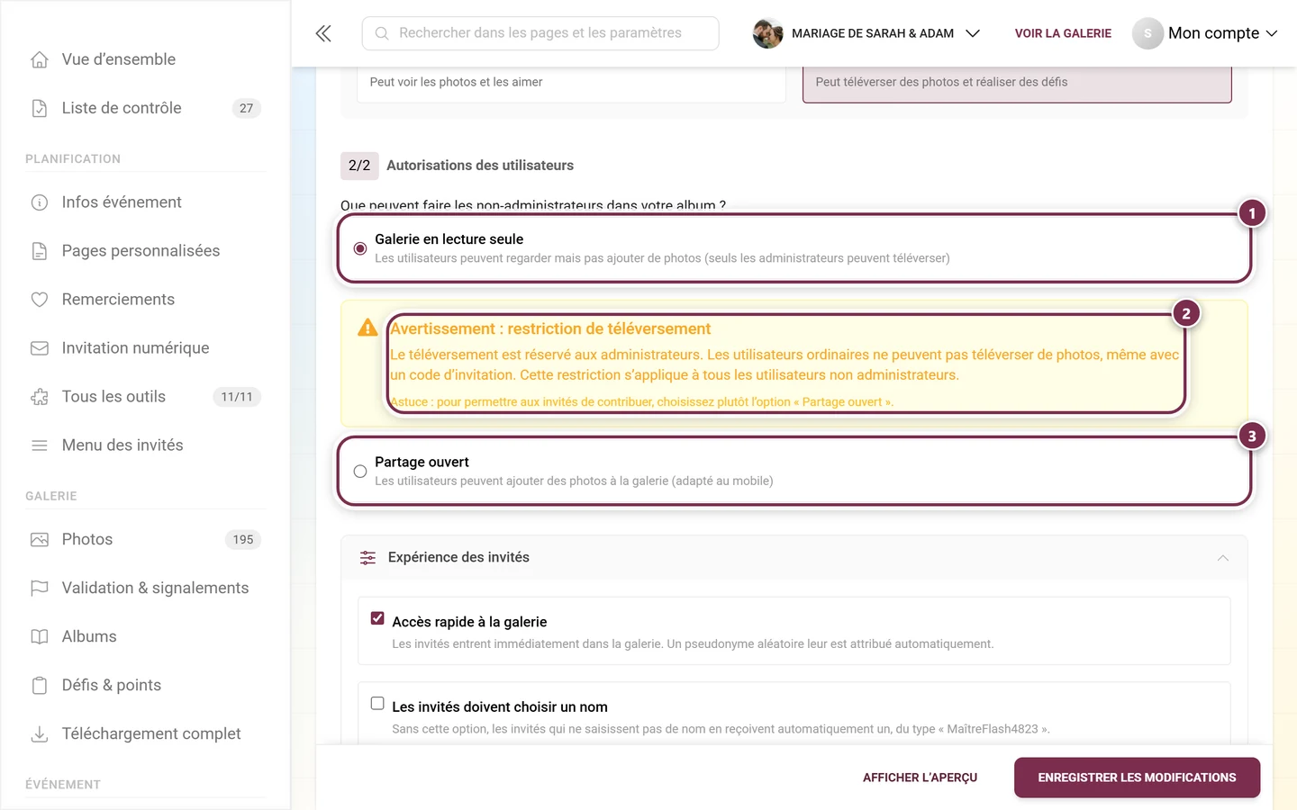 Section Mode de la galerie avec l'option Galerie en lecture seule sélectionnée et la remarque Tous les envois des invités sont désactivés