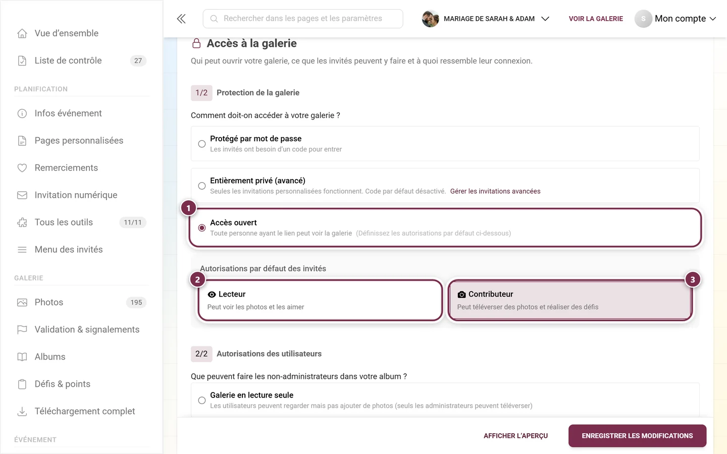 Protection de la galerie avec l'option Accès ouvert sélectionnée et les options Lecteur et Contributeur