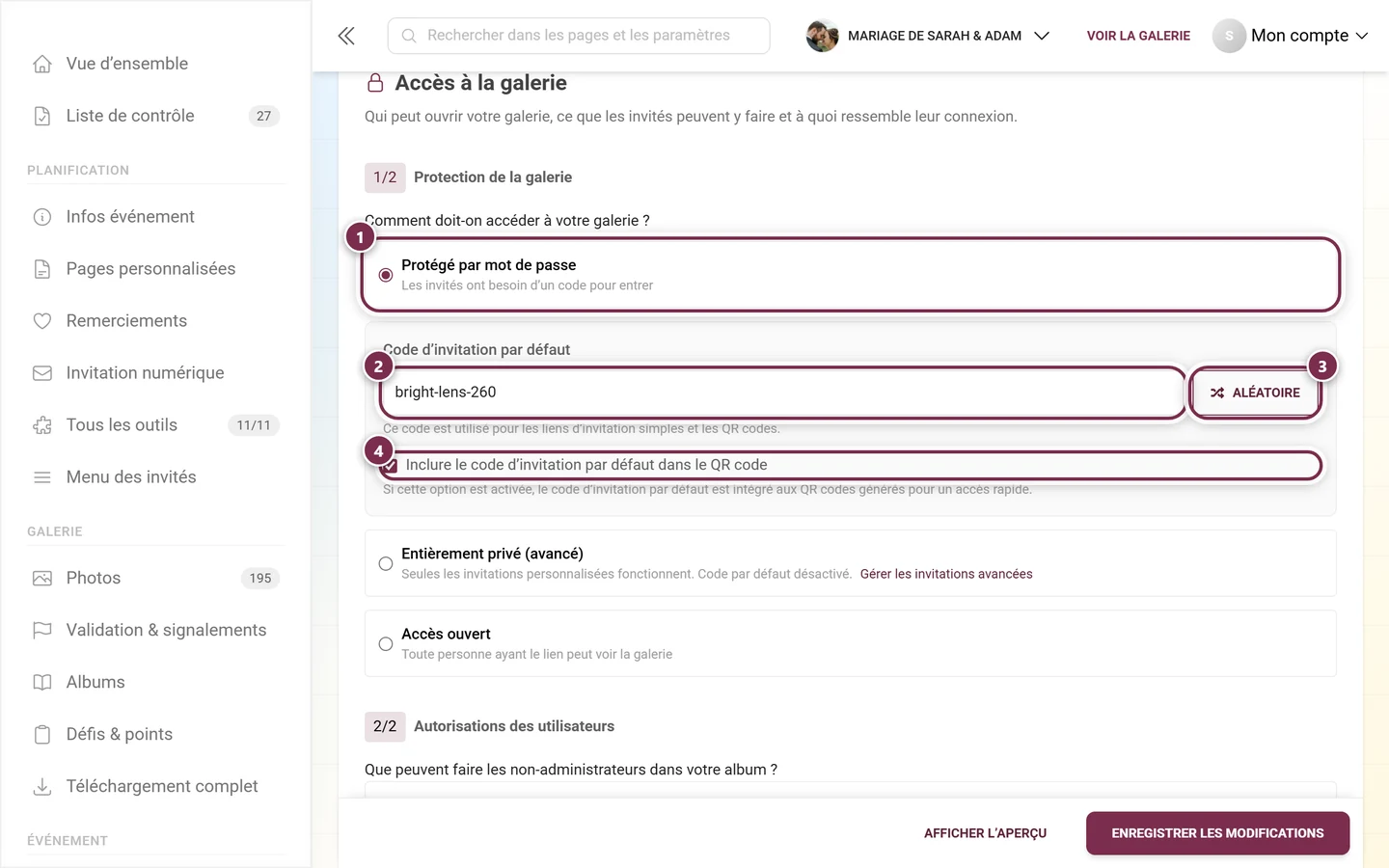 Protection de la galerie avec l'option Protégé par mot de passe sélectionnée, champ Code d'invitation par défaut, bouton Aléatoire et case pour le QR code