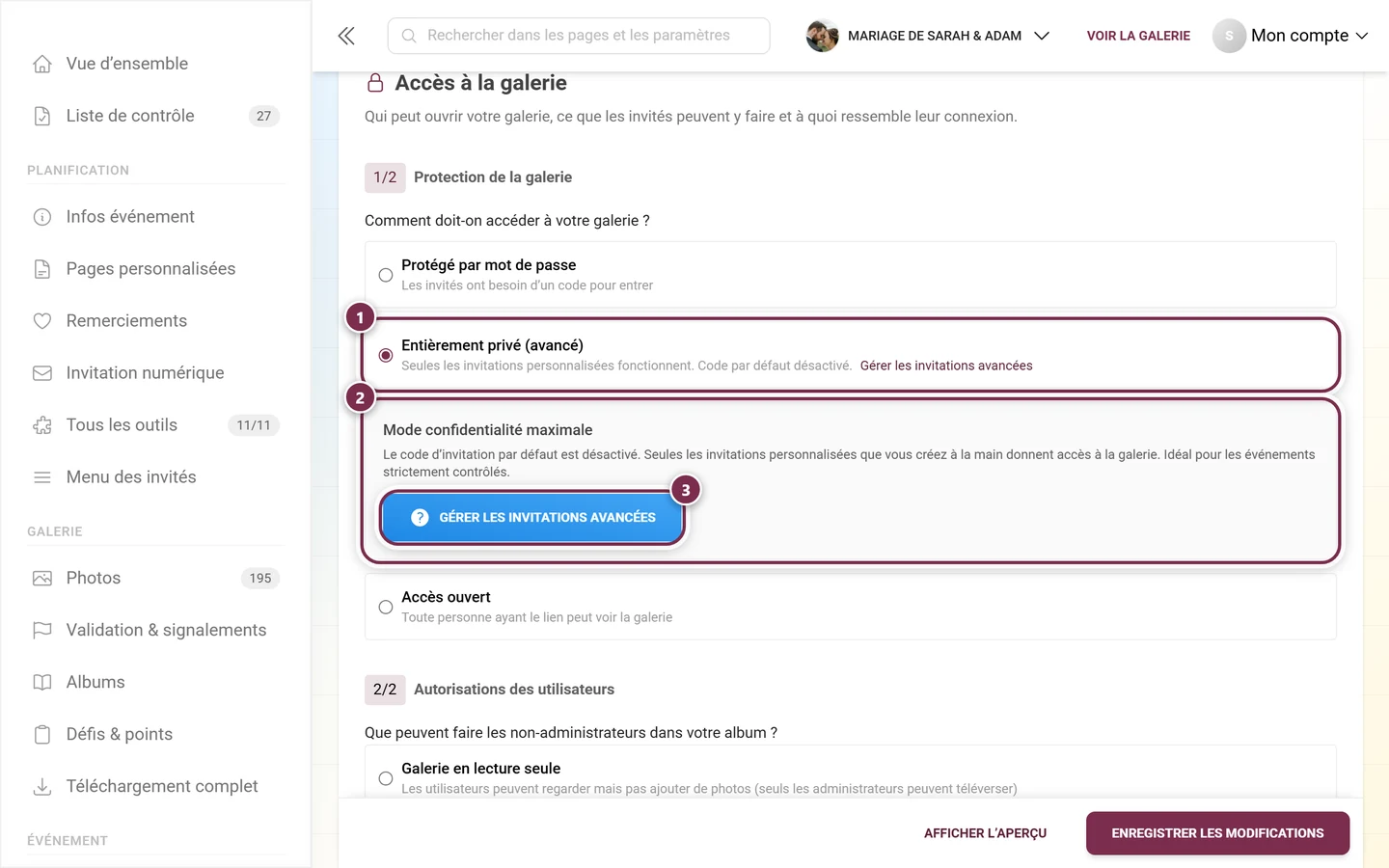 Protection de la galerie avec l'option Entièrement privé sélectionnée et la boîte d'information Mode confidentialité maximale