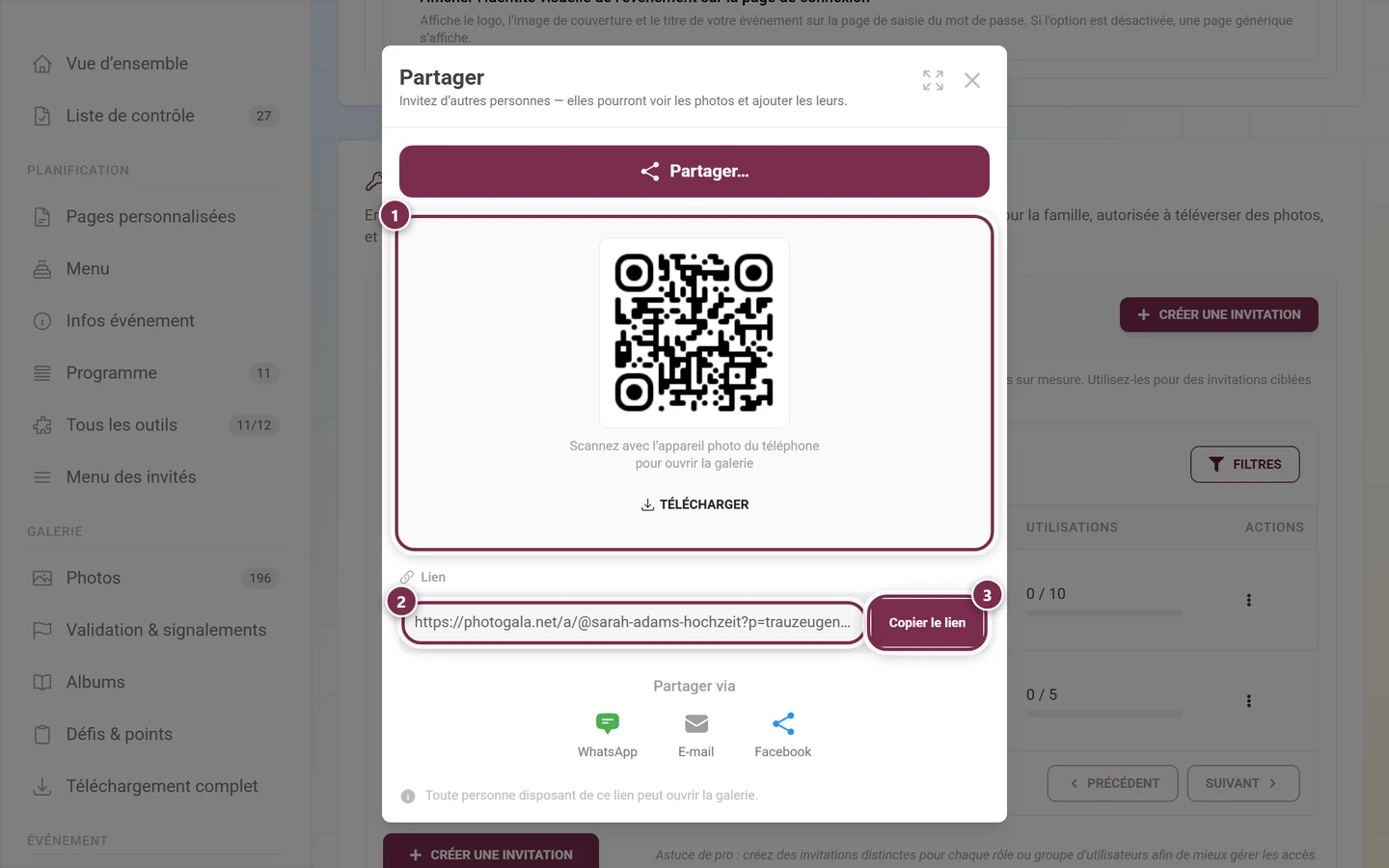 Dialogue Partager avec QR code, bouton Télécharger, champ Lien et Copier le lien