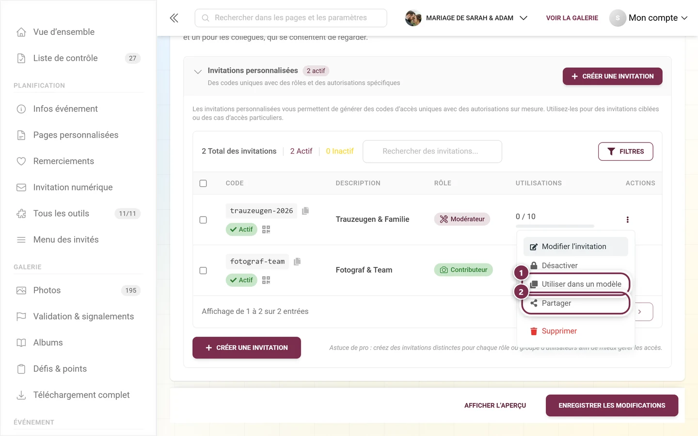 Menu de ligne ouvert avec les entrées Modifier l'invitation, Désactiver, Utiliser dans un modèle, Partager et Supprimer