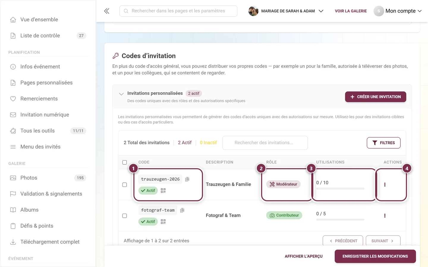 Tableau des codes d'invitation avec les colonnes Code, Rôle, Utilisations et Actions mises en évidence