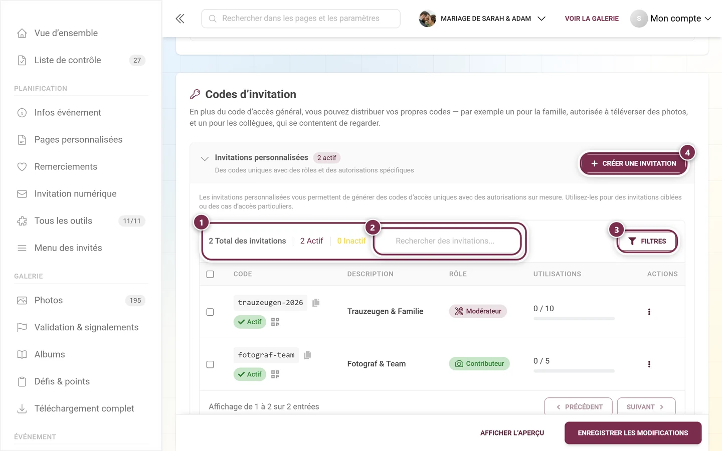 Barre d'outils des codes d'invitation avec indicateurs, champ de recherche, bouton Filtre et Créer une nouvelle invitation