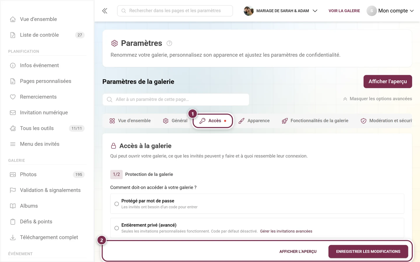 Ligne d'onglets des paramètres avec un point rouge sur l'onglet Accès et la barre d'enregistrement en bas