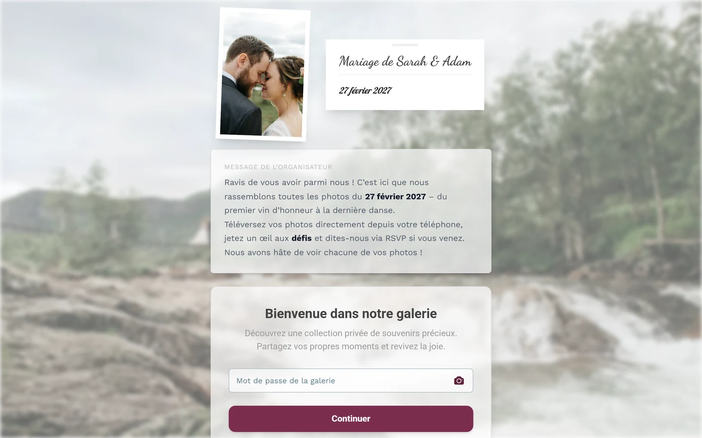 Écran d'accueil de l'événement avant d'entrer