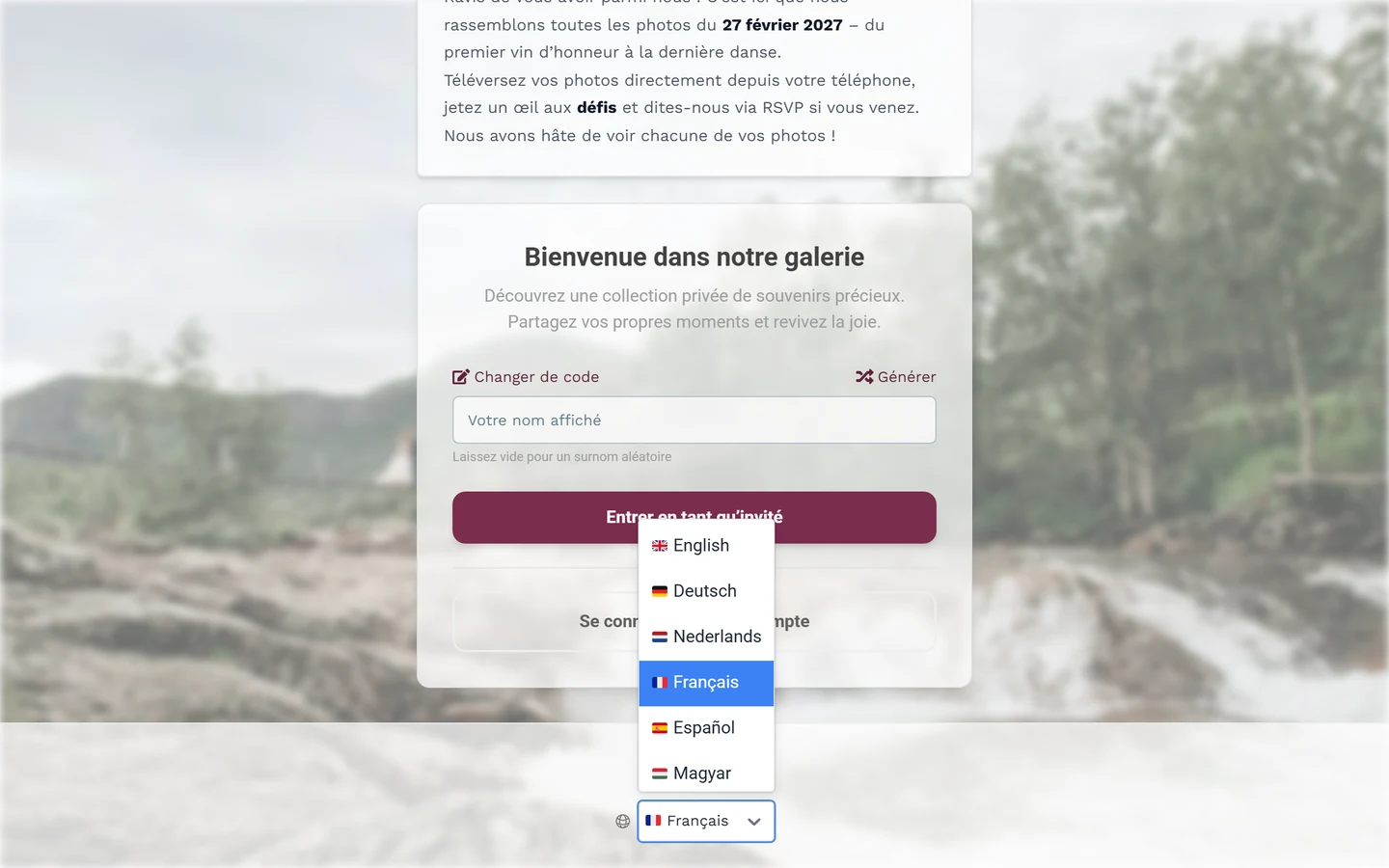 Pied de page de la page de participation avec l'icône de globe et la liste des langues déployée
