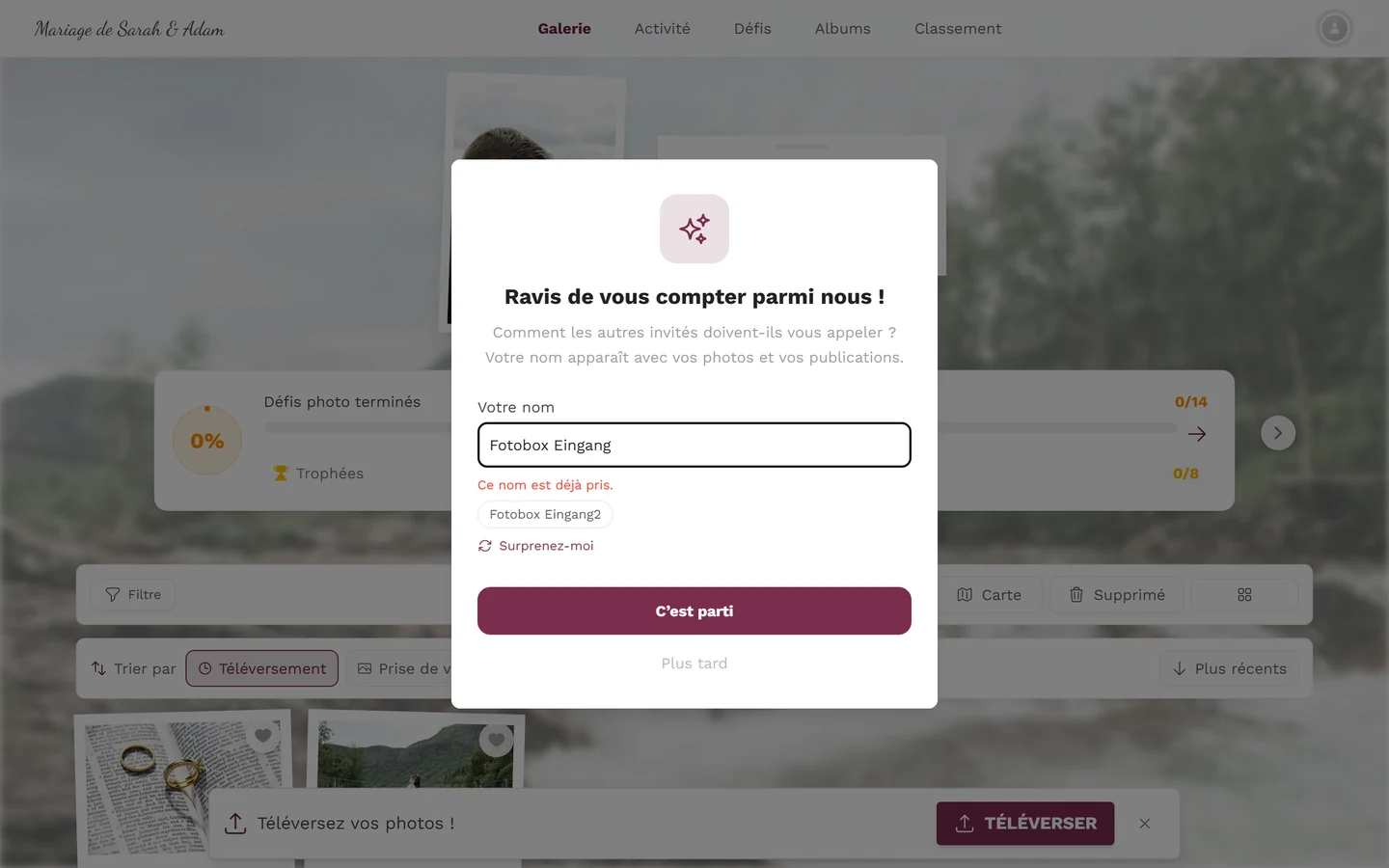 La même fenêtre avec l'avertissement rouge Ce nom est déjà pris et la suggestion Photobooth entrée2 en dessous