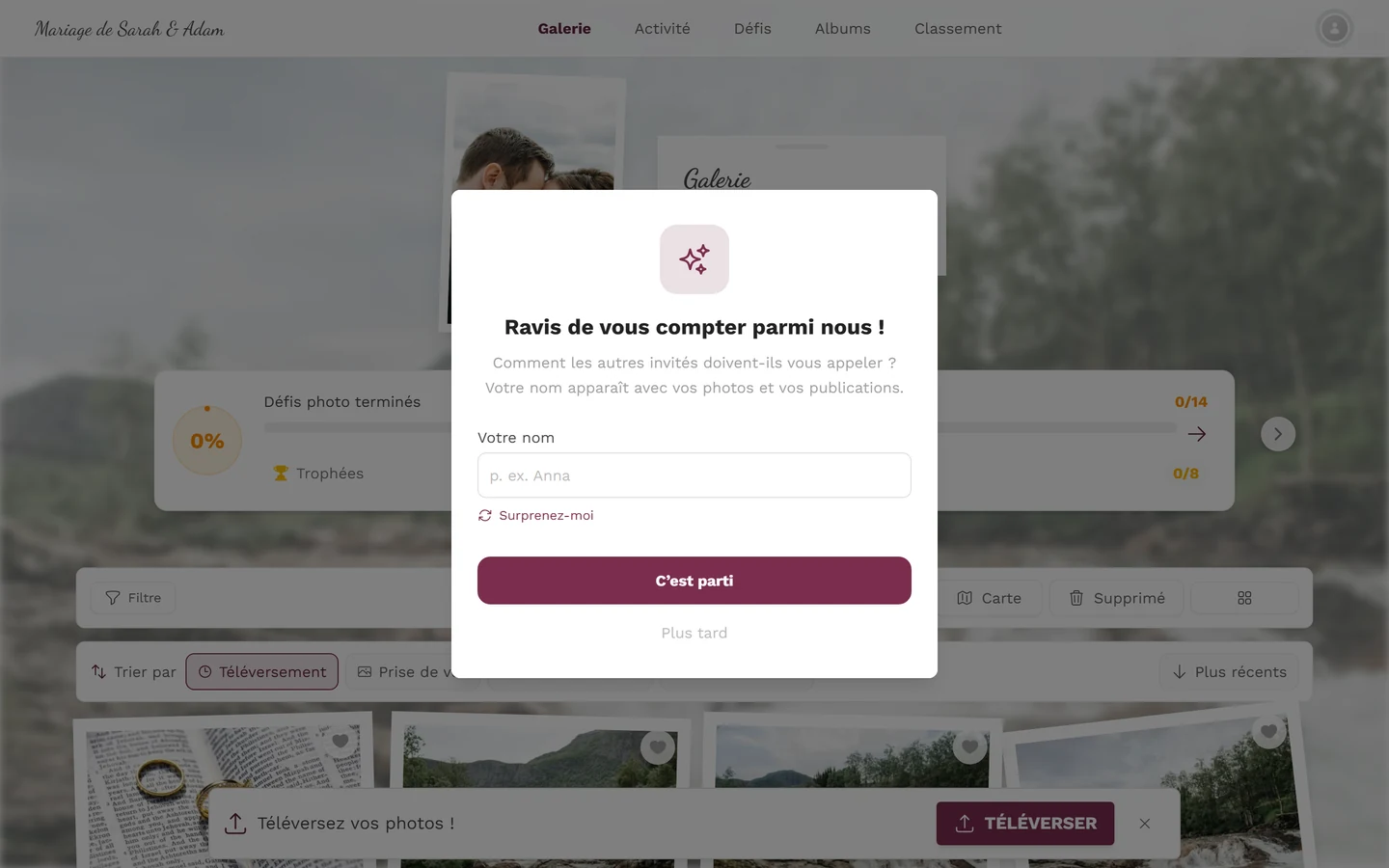 Fenêtre « Ravis de vous compter parmi nous ! » avec une icône d'étincelles, le champ Ton nom et le bouton Voir les photos