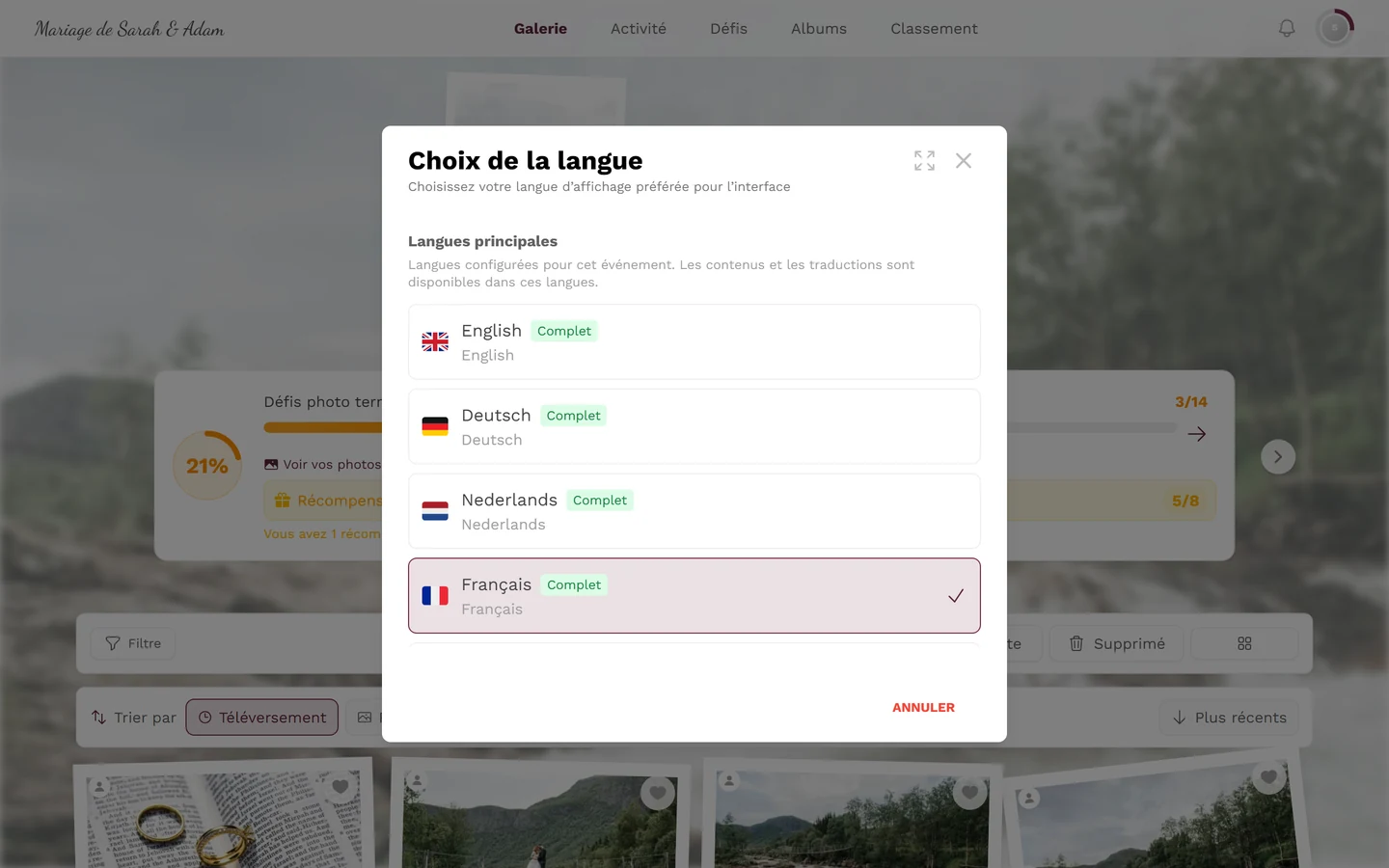 Boîte de dialogue Choix de la langue avec les langues principales, les badges Complet et une coche sur la langue active