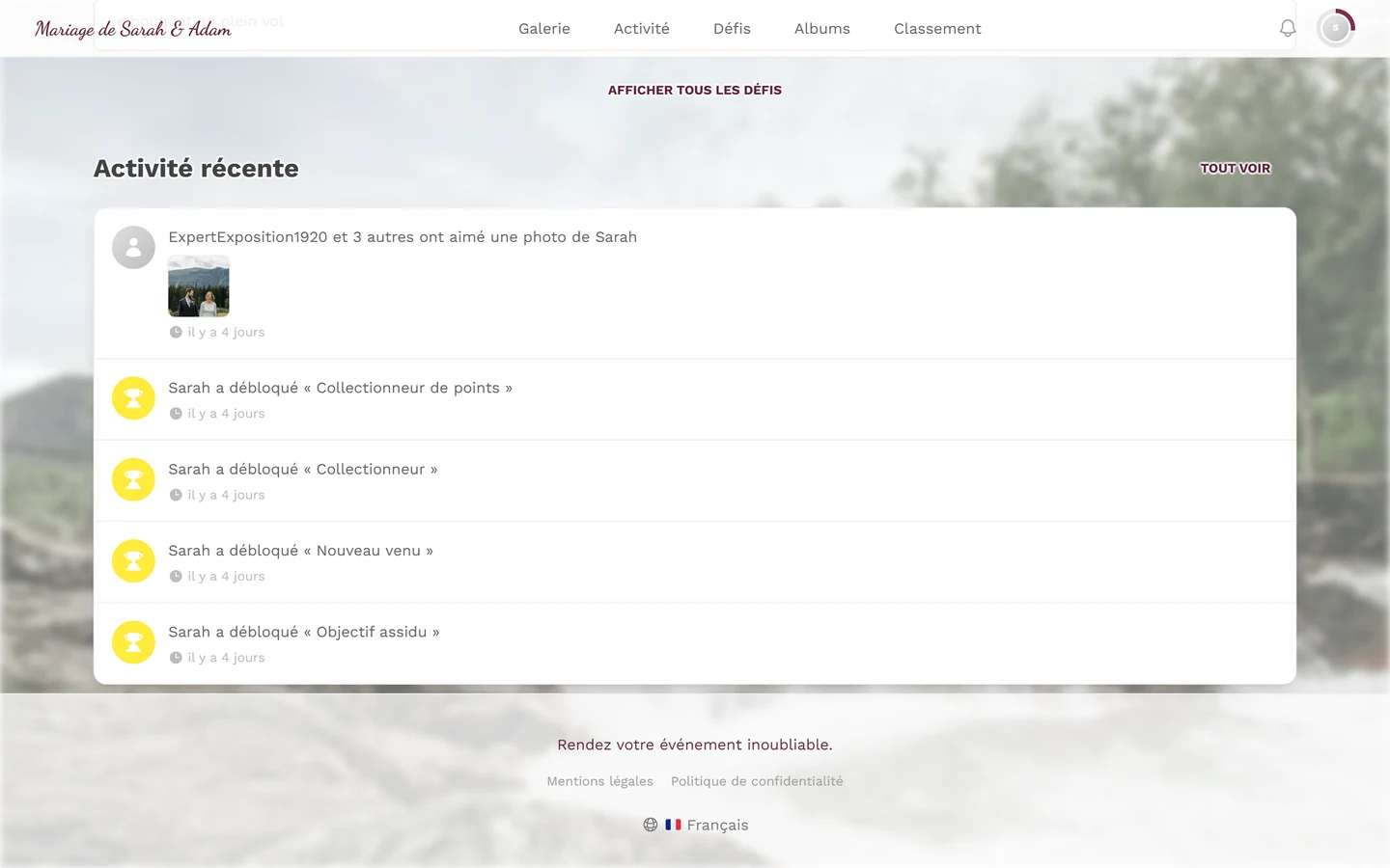 Pied de page d'accueil de l'événement avec les liens Mentions légales et Confidentialité