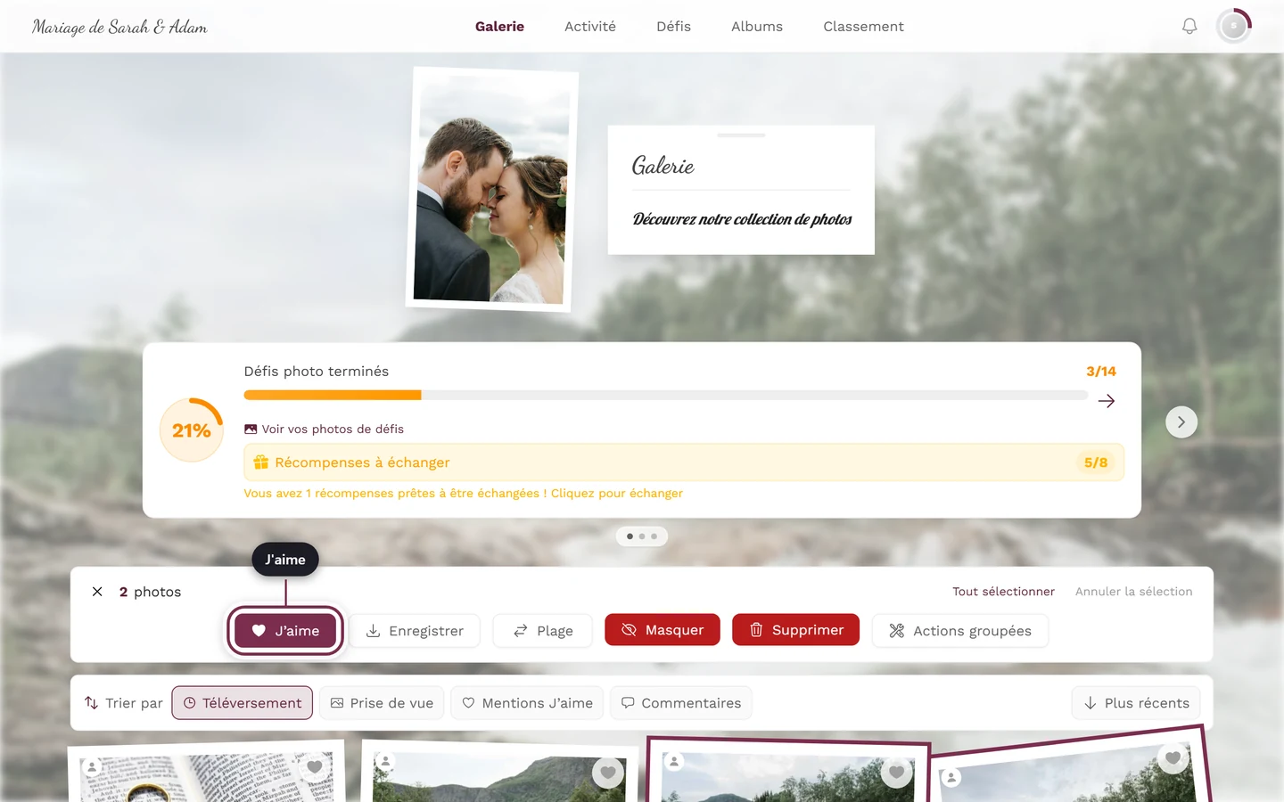 Galerie en mode sélection avec deux photos sélectionnées, le bouton J'aime dans la barre d'actions est mis en évidence
