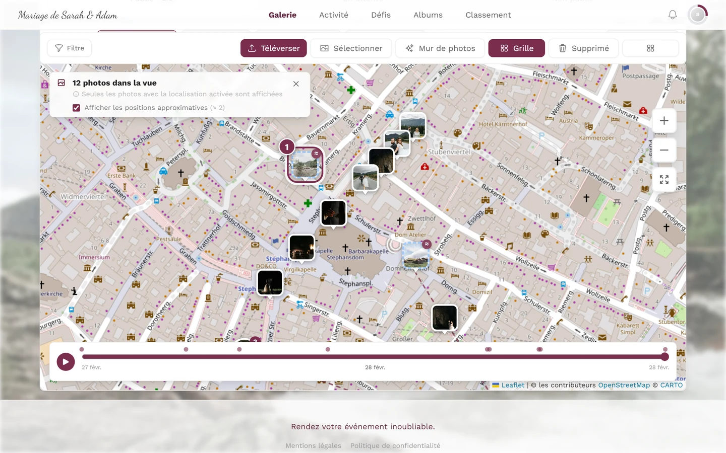 Carte zoomée avec un marqueur photo mis en évidence montrant une bordure en pointillés et un badge ≈