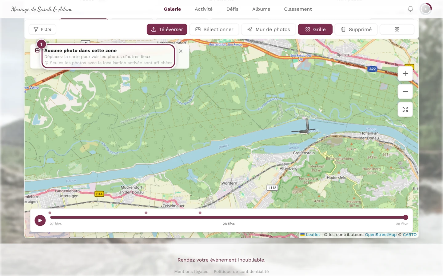 Carte dans une zone sans photo avec le message Aucune photo dans cette zone