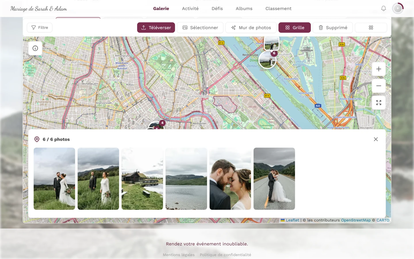 Carte avec le panneau d'aperçu ouvert en bas montrant trois photos côte à côte