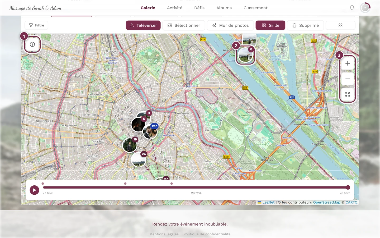 Vue carte avec trois éléments mis en évidence : info, groupe de photos, zoom