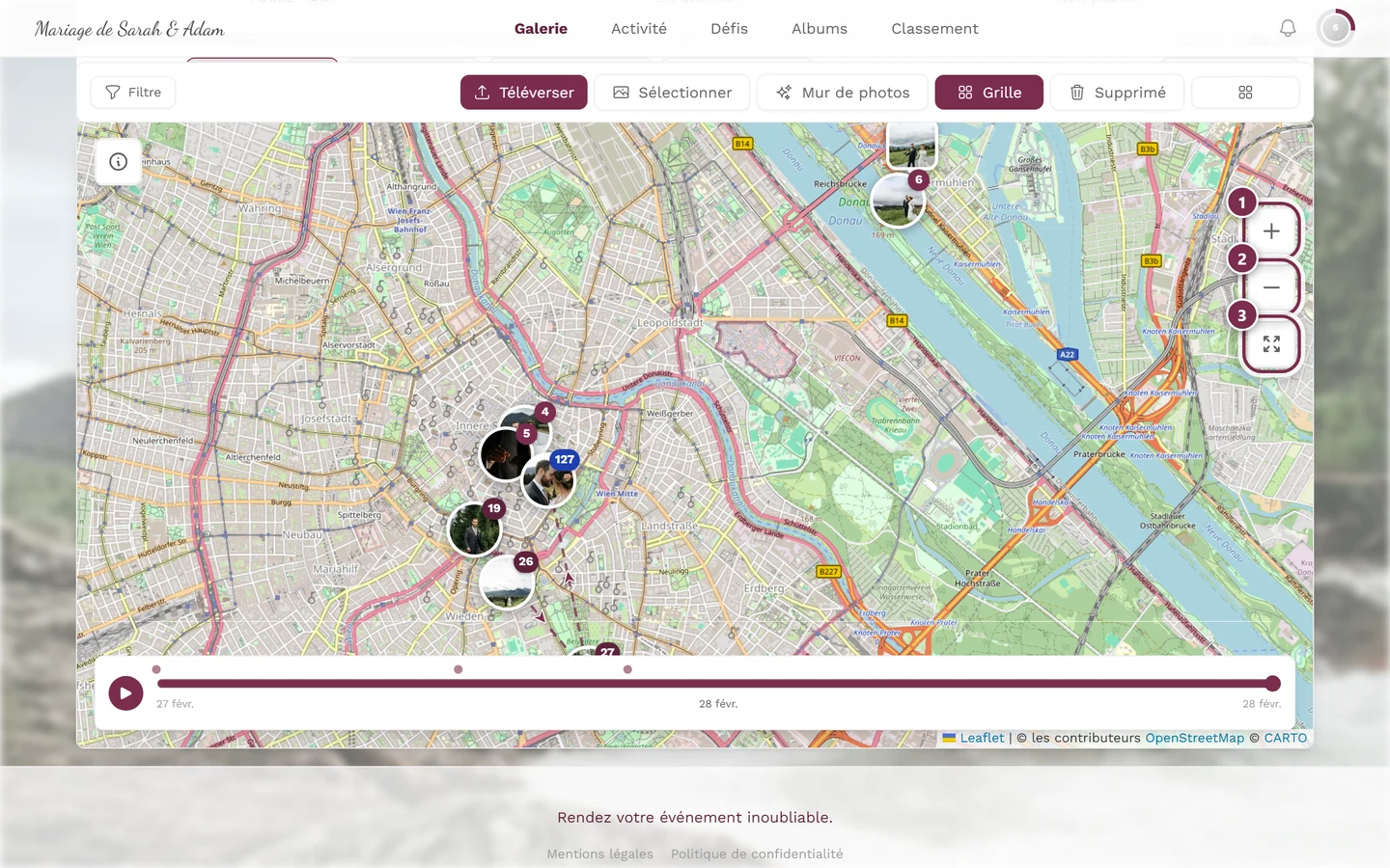Vue carte avec les trois boutons en haut à droite mis en évidence