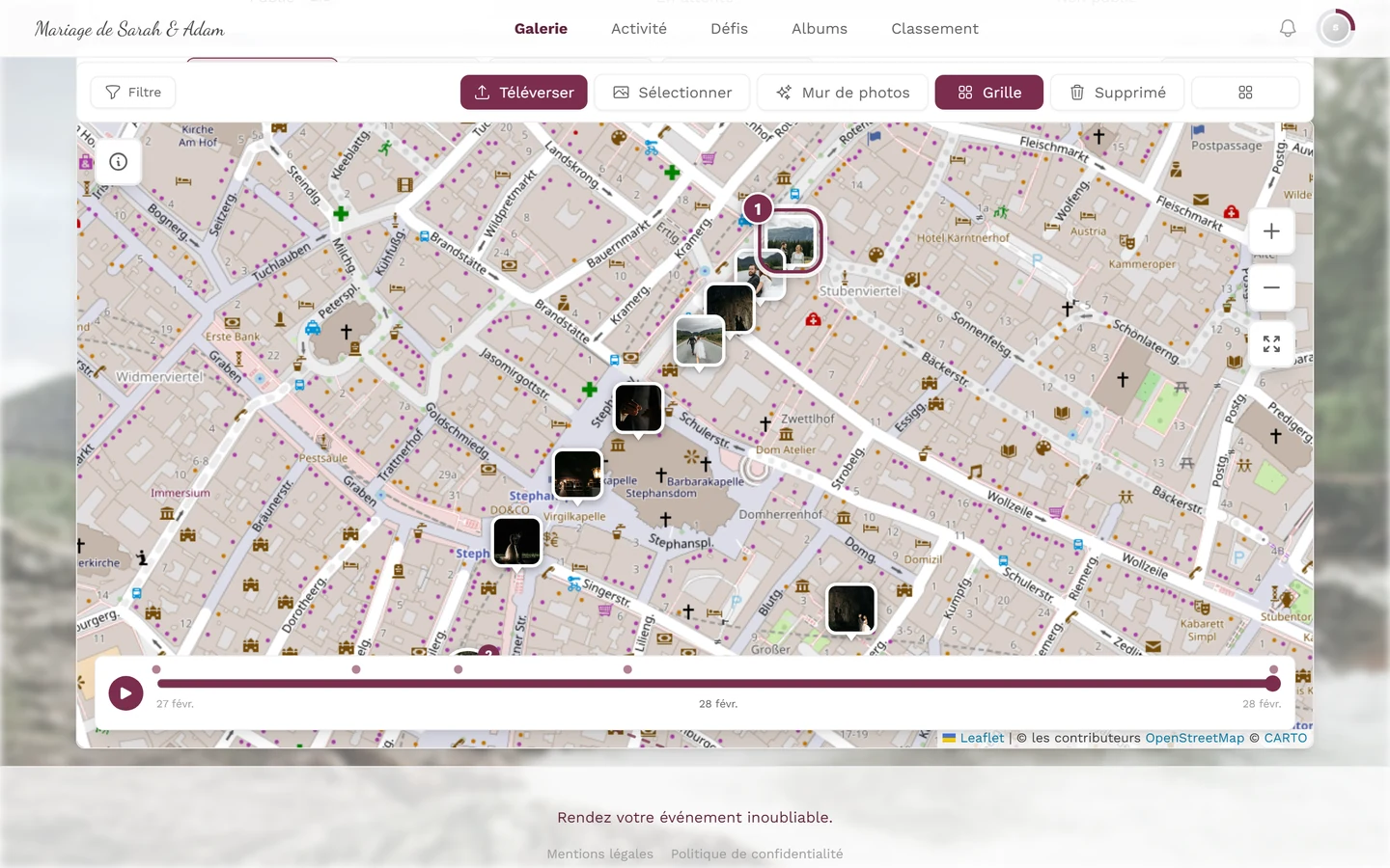 Carte fortement zoomée où le groupe se dissocie en marqueurs photo individuels