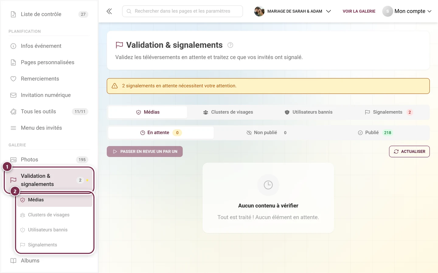 Barre latérale de l'espace d'administration avec l'entrée Validation et signalements et ses sous-entrées mises en évidence