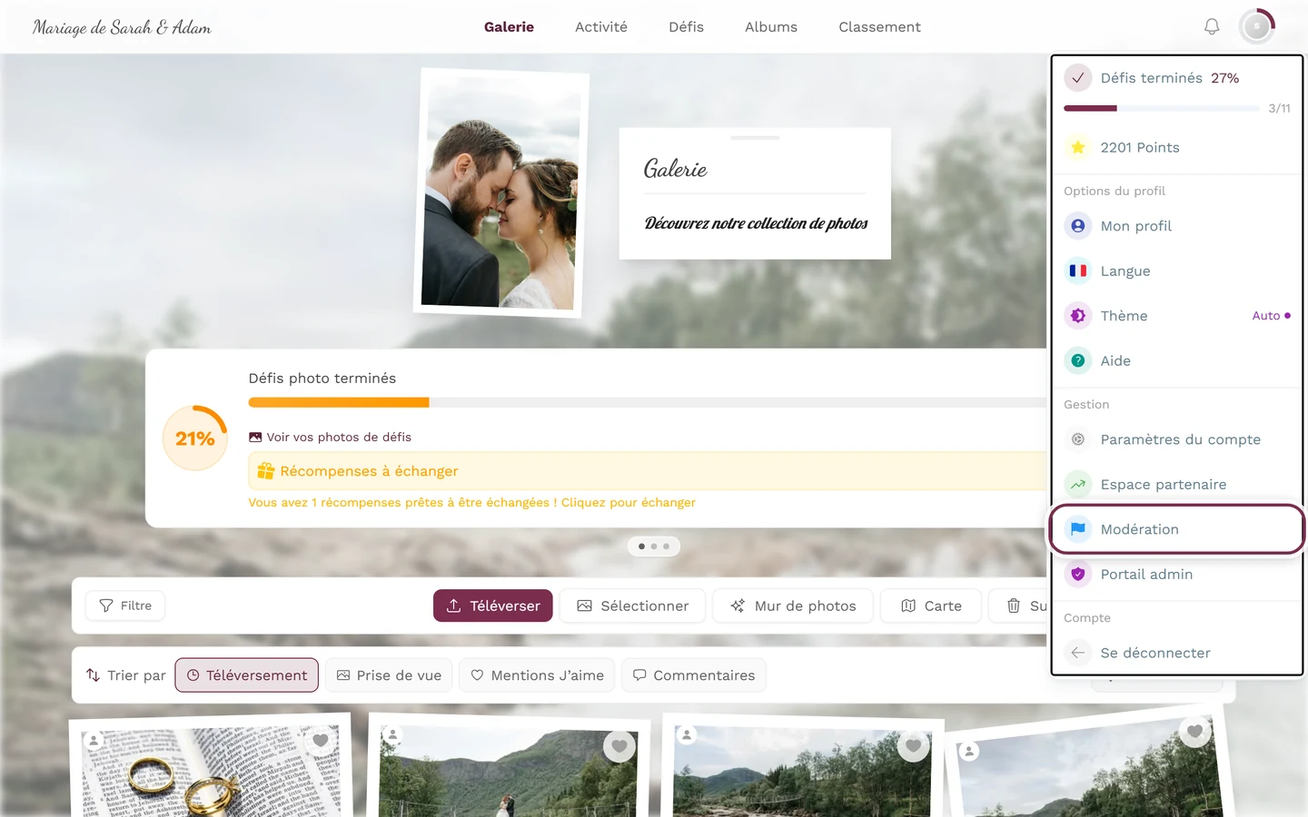 Menu du profil ouvert, l'entrée Modération dans la section Gestion est mise en évidence