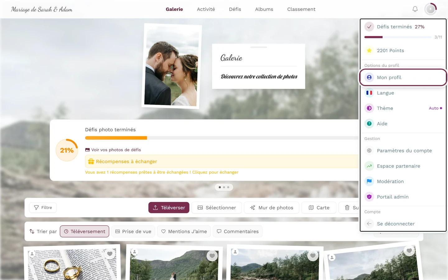Menu du profil ouvert en haut à droite, l'entrée Mon profil est mise en évidence