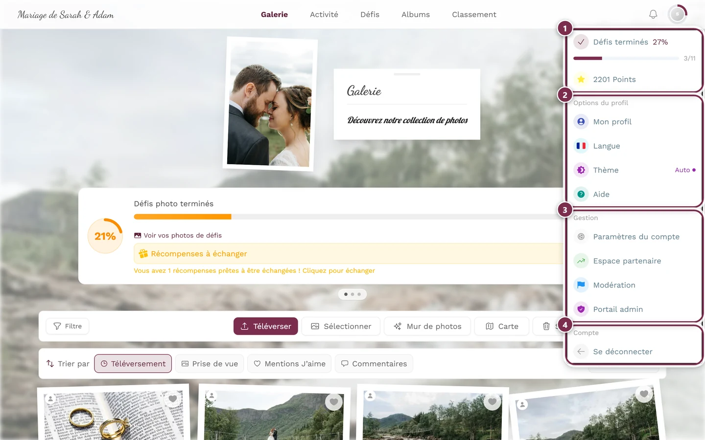 Menu de profil en haut à droite avec la rubrique Gestion et Portail admin