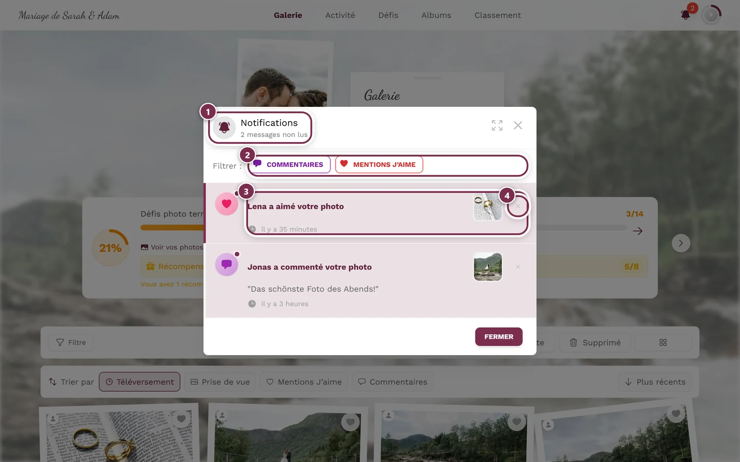 Boîte de dialogue de notifications avec quatre repères : en-tête, filtre, élément, suppression