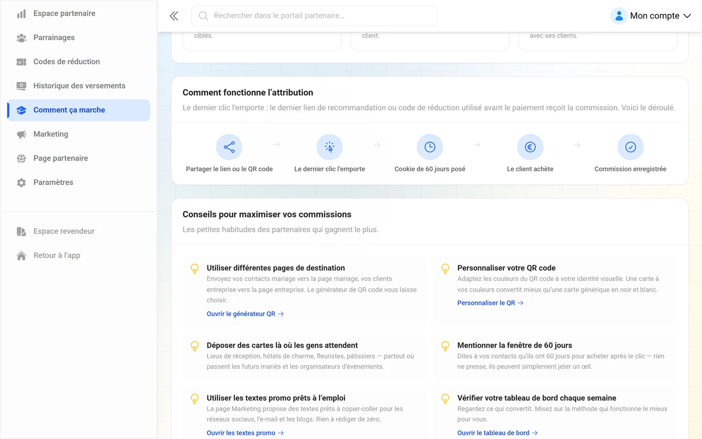 Schéma du parcours d'attribution, du partage du lien jusqu'à la commission enregistrée