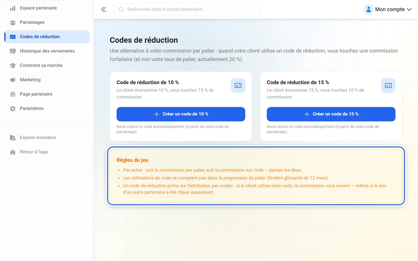 Encadré Règles du jeu mis en évidence avec les trois règles sur la commission par code et par palier