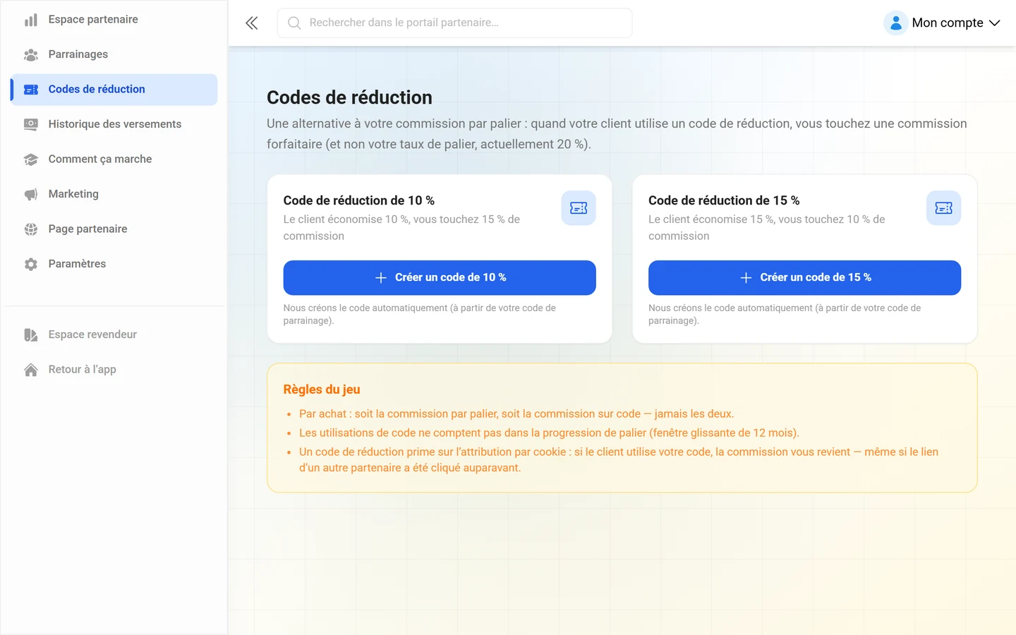 Aperçu des codes de réduction d'un partenaire