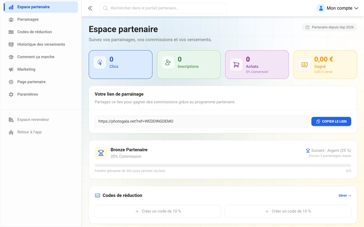 Espace affilié avec les indicateurs clés et le lien de parrainage