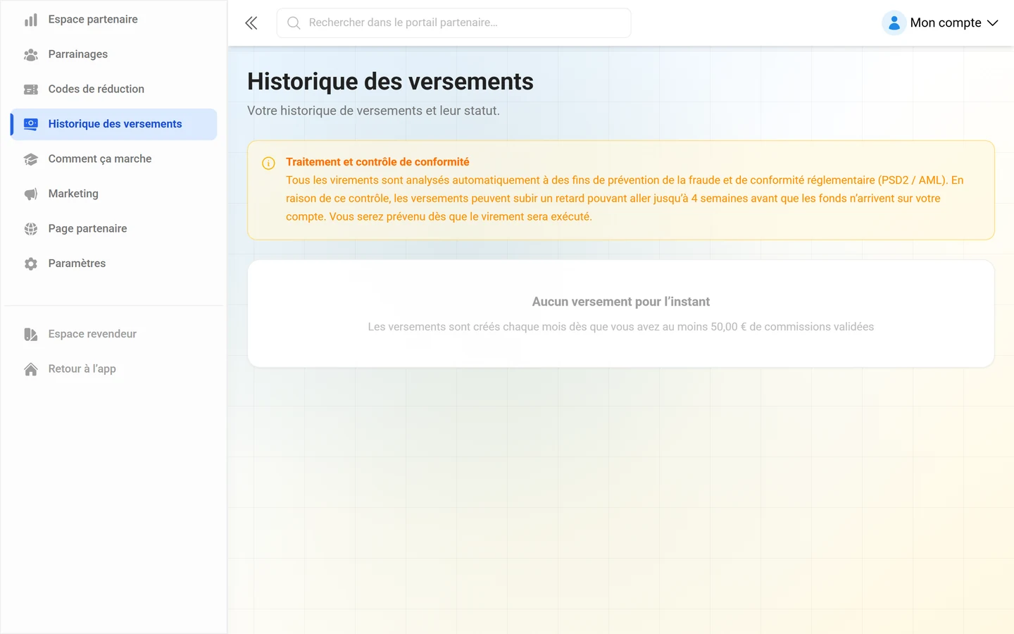 Historique des versements dans le portail partenaire