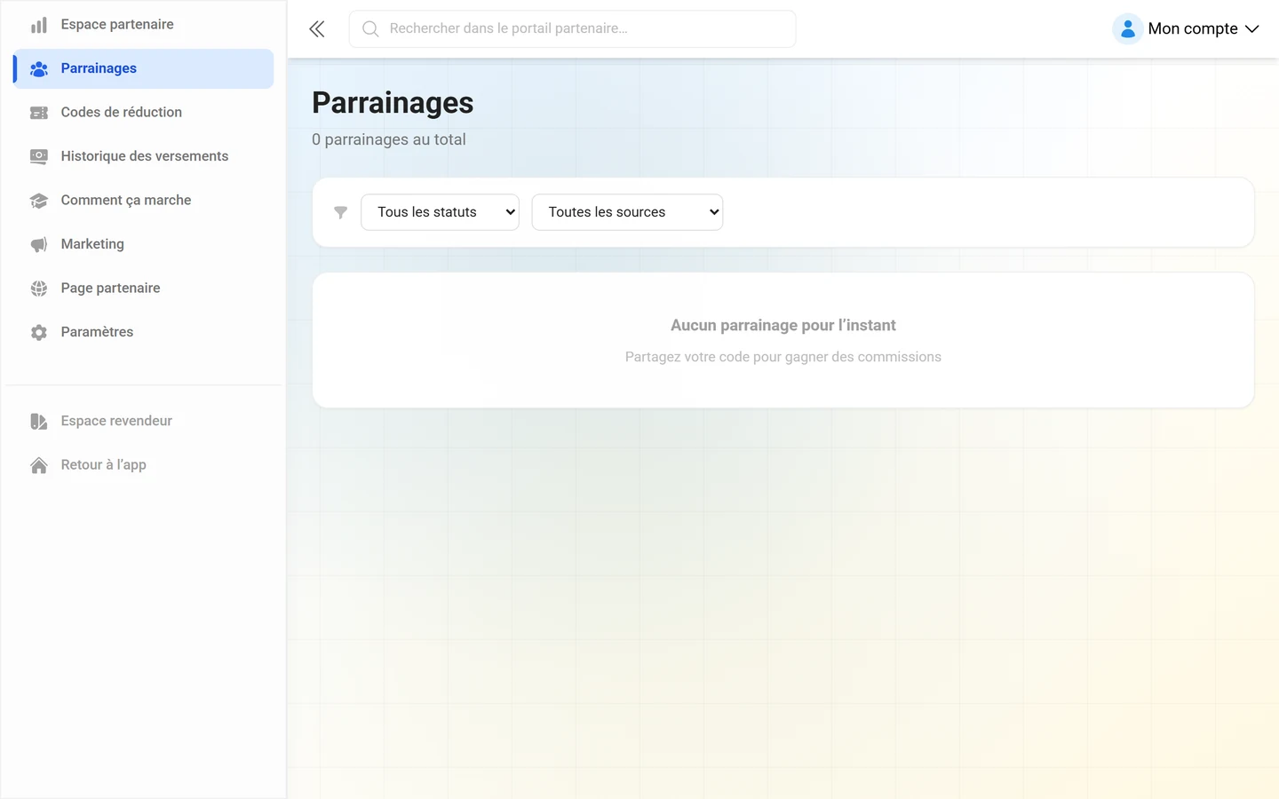 Liste des parrainages avec un statut par entrée