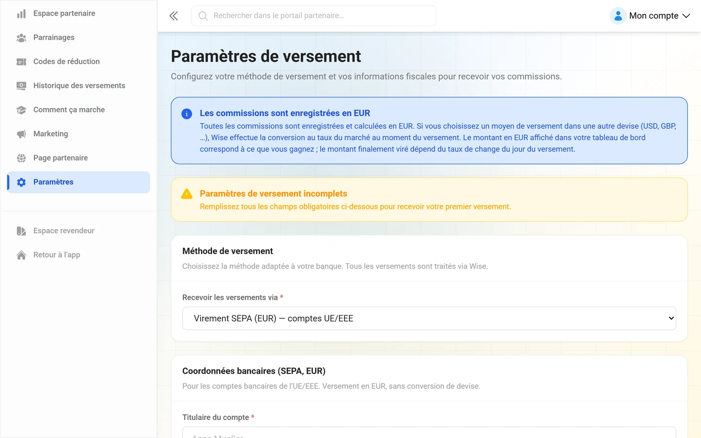 Paramètres de versement et informations fiscales dans le portail partenaire