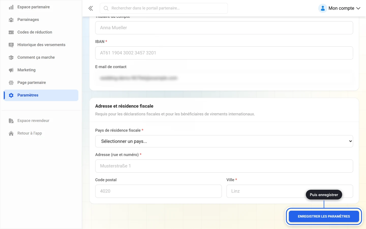 Bas des paramètres de versement avec le bouton Enregistrer les paramètres mis en évidence