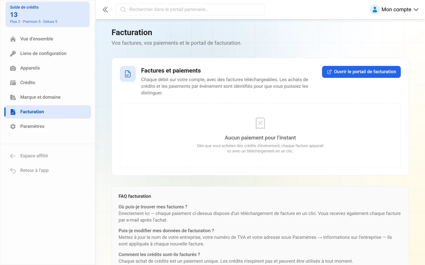 Page Facturation avec la liste Factures & paiements