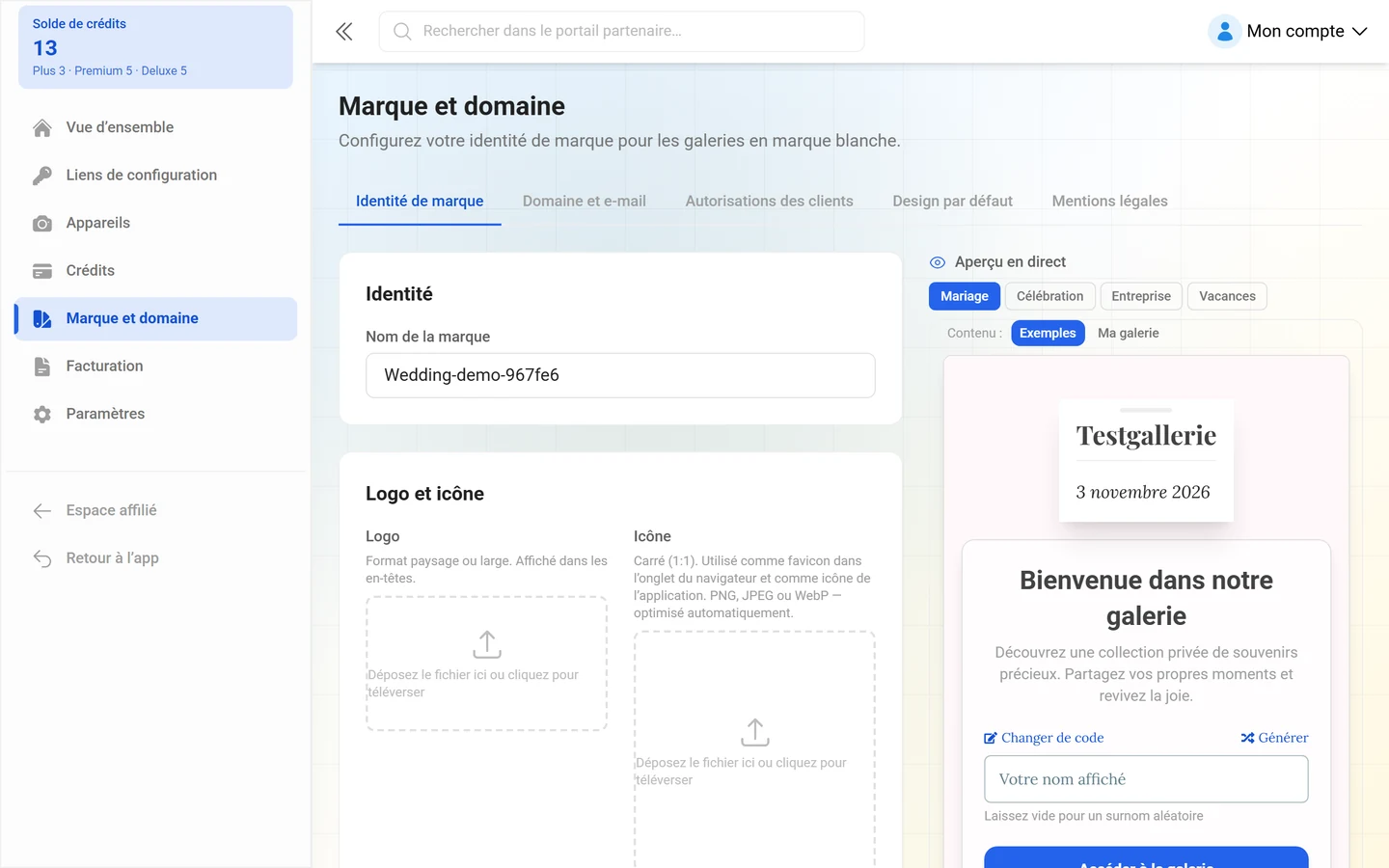 Paramètres de marque du portail revendeur avec ses cinq onglets