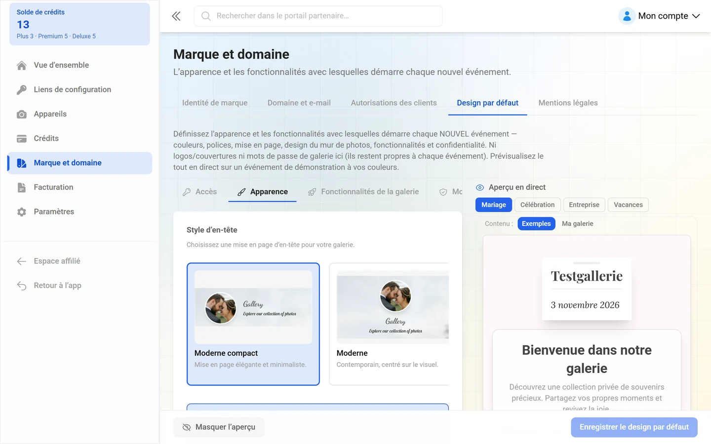 Onglet Design par défaut avec les réglages par défaut de style, mur de photos et confidentialité