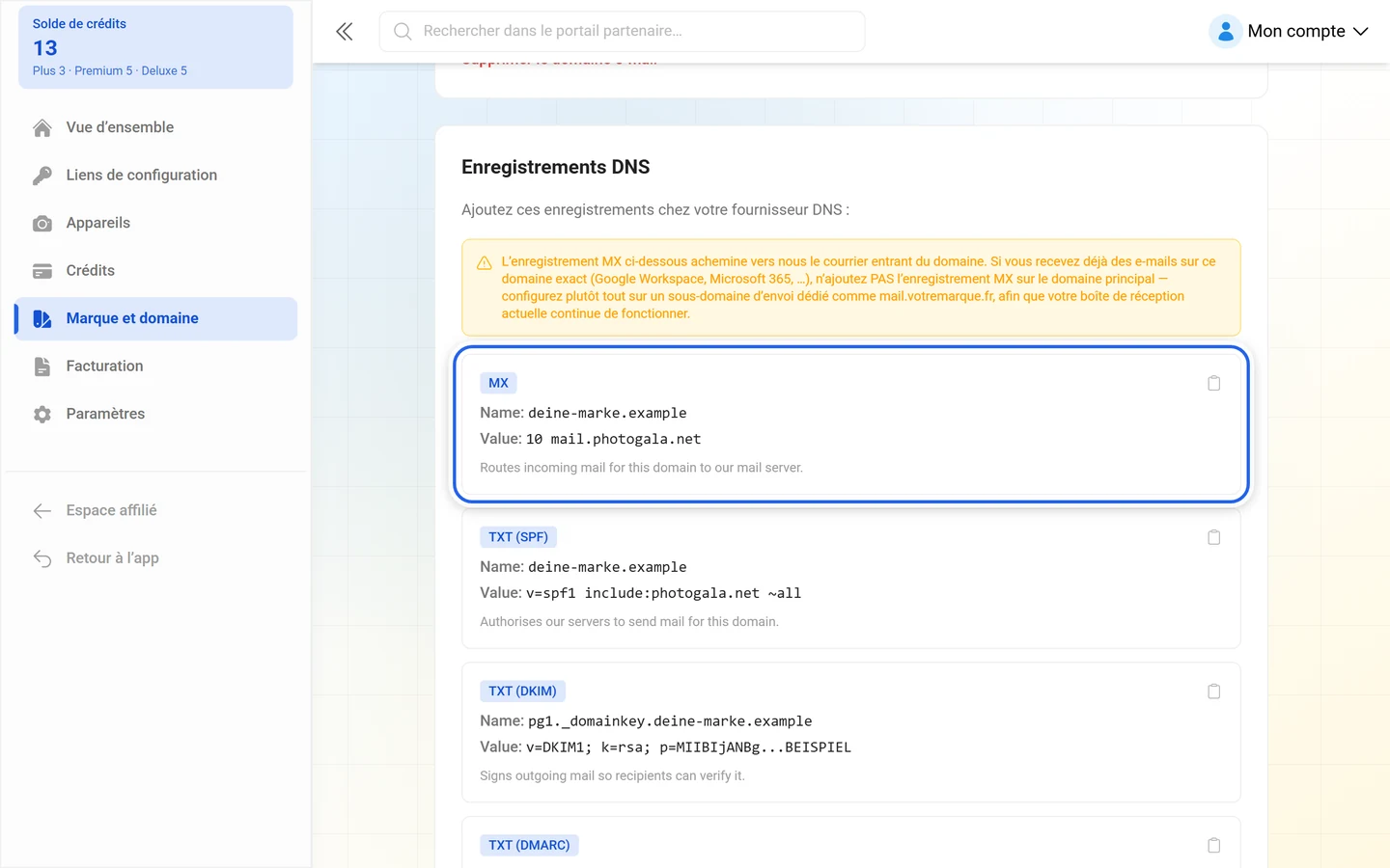 Enregistrements DNS pour l'envoi d'e-mails avec l'enregistrement MX mis en évidence
