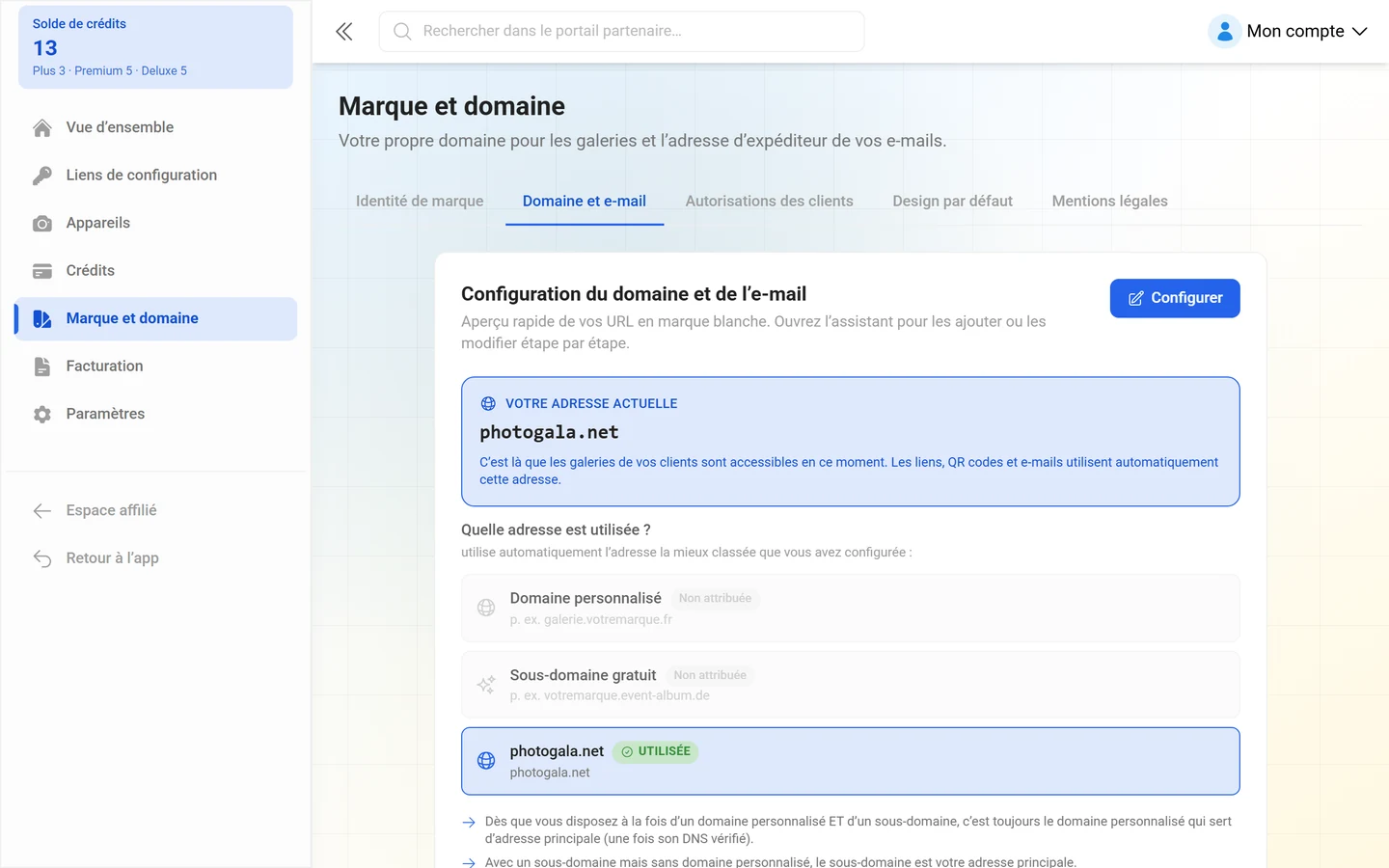 Onglet Domaine et e-mail de la gestion de marque