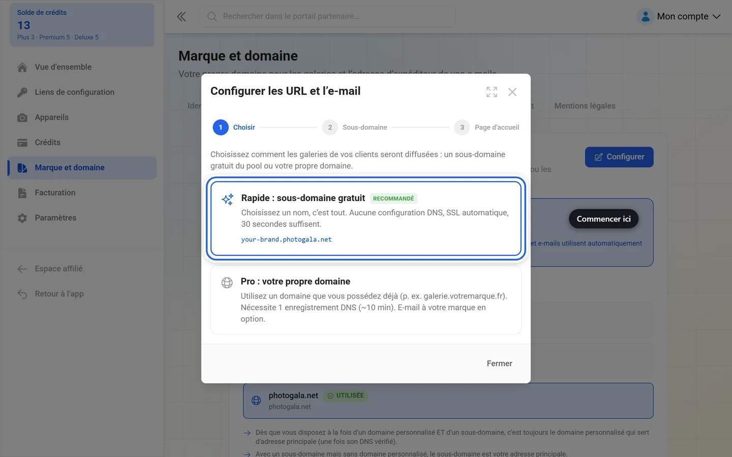 Première étape de l'assistant URL avec la tuile Rapide sous-domaine gratuit mise en évidence