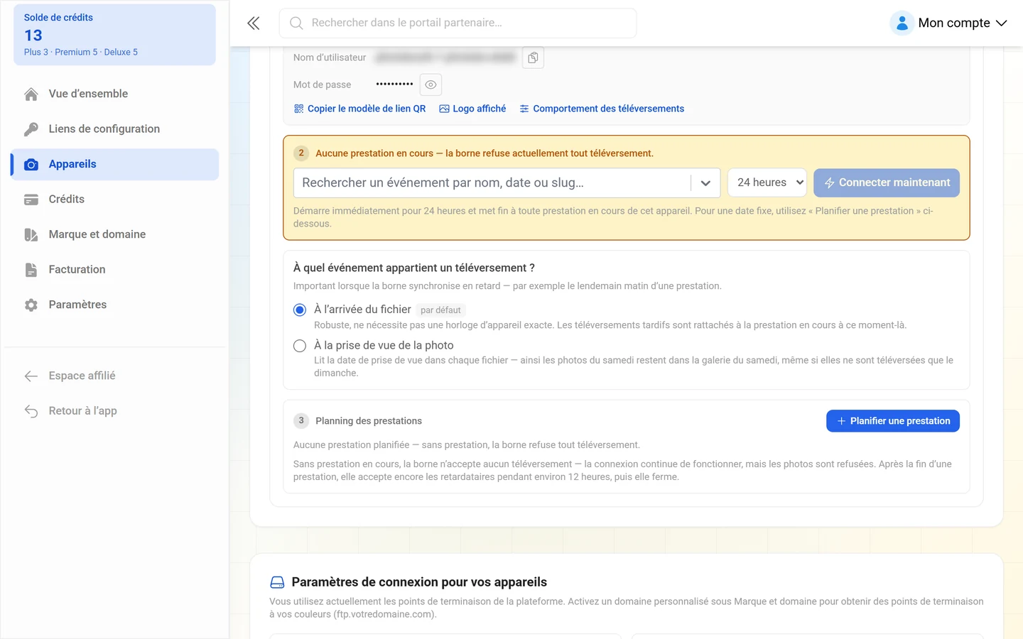 Choix entre « À l'arrivée du fichier » et « À la prise de vue de la photo », avec en dessous la section Planning des prestations