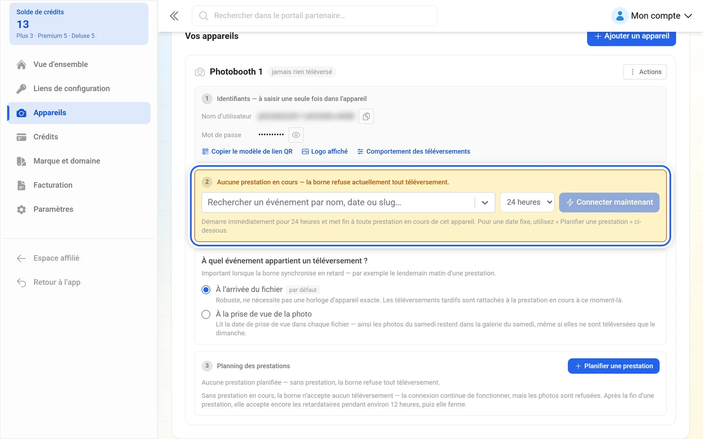 Section 2 de la fiche d'appareil avec sélection de l'événement, durée et le bouton Connecter maintenant mis en évidence