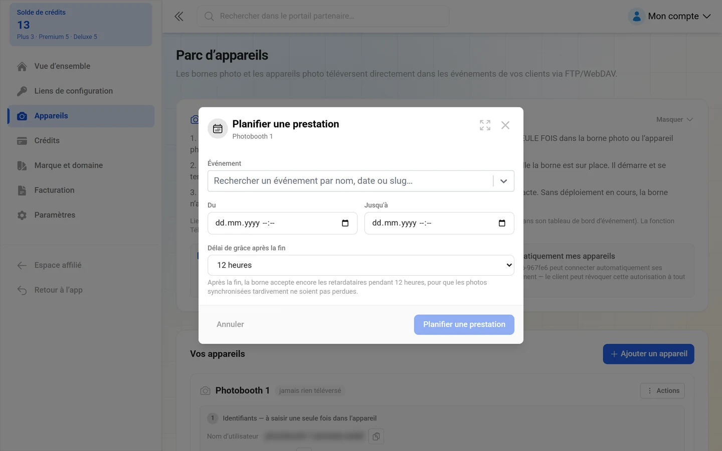 Boîte de dialogue « Planifier une prestation » avec recherche d'événement, Du, Au et le choix du délai de grâce