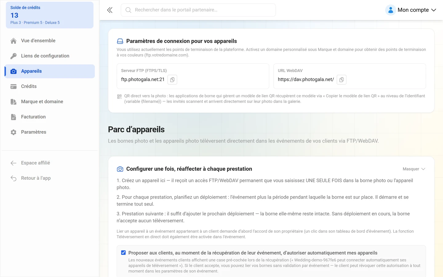 Carte affichant le serveur FTP et l'URL WebDAV de votre propre marque