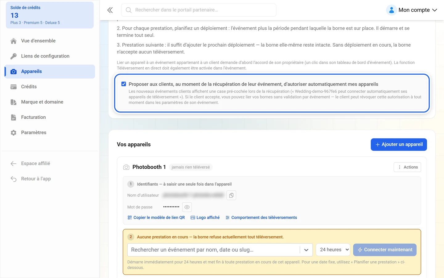 Case cochée mise en évidence Proposer aux clients, au moment de la revendication, d'autoriser automatiquement mes appareils